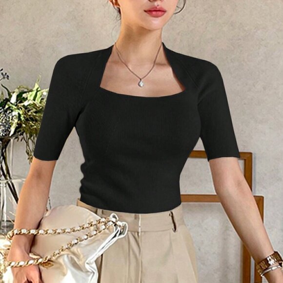 Black Casual Women's Fitted Transformable Square Neck Knit Top - Picture 1 of 5